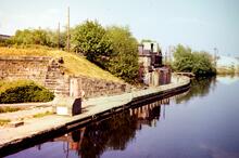 Barton Aqueduct. Abutments of the old and new (over the Manchester Ship Canal) aqueducts. 17 May 1980
