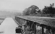Peak Forest Tramway. Bugsworth, Lower Wharf. Old loading jetty and barge. September 1928 (7)