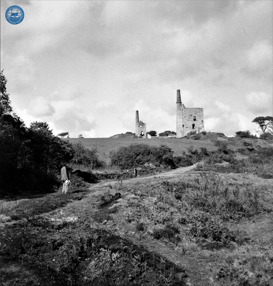 Portreath Tramroad. Engine houses at Unity Wood Mine, also known as Wheal Bush. This photo is taken about half a mile north of the terminal point of the railway. May 1954 (29)