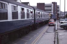 09.54 London Waterloo - Weymouth Quay boat train in the streets of Weymouth (WTQ @ 169m 66ch). 20 June 1981