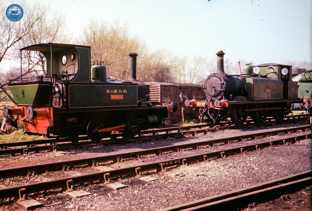 Locos at Rolvenden. No. 12 0-6-0T “Marcia”, & No. 10 0-6-0T “Sutton”. 12 April 1980