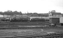 Norwich Thorpe Goods Yard signal box (LTN2 @  124m 09ch). Class 37 37047, 37054. 13 June 1979