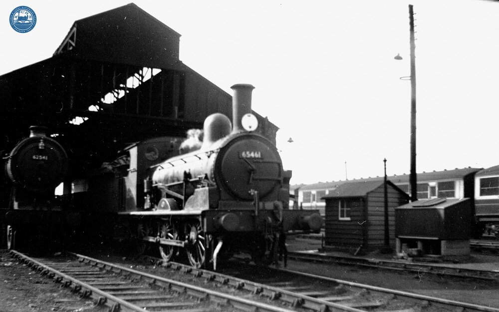 65461 Class J15, and 62541 Class D15 (both ex-GER), at Bury St Edmunds MPD. 04 April 1953
