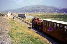 ‘Beddgelert’ waiting to cross ‘Russell’ at a passing loop. 23 July 1987