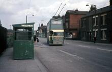 Teesside Railless Traction Board trolleybus Reg. No. GAJ11, Fleet No. 1, and waiting shelter in Middlesbrough Road East, South Bank. 13 May 1968